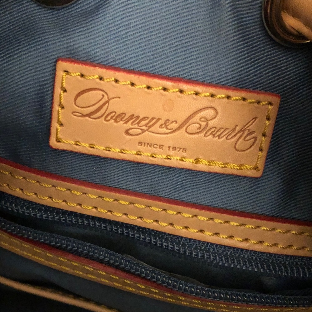 Dooney & Bourke Teal Patent Leather Drawstring Bucket Bag with Tan Trim - Picture 11 of 16